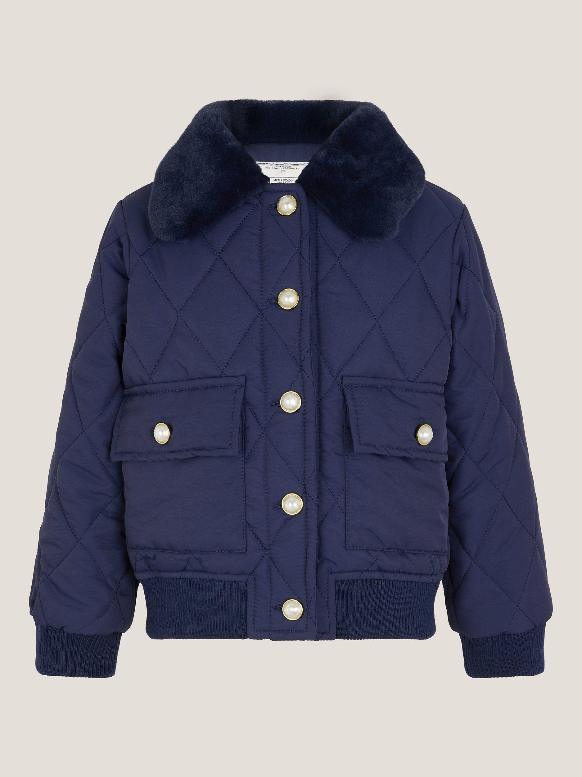 Product image 1 of 3, which shows Monsoon Kids' Quilted Bomber Jacket, Navy, 3-4 years