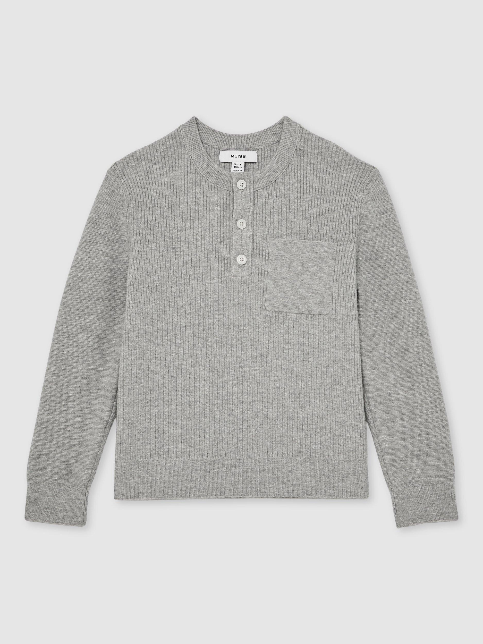 Product image 1 of 4, which shows Reiss Kids' Harrison Long Sleeve Button Top, Mid Grey Melange, 3-4 years