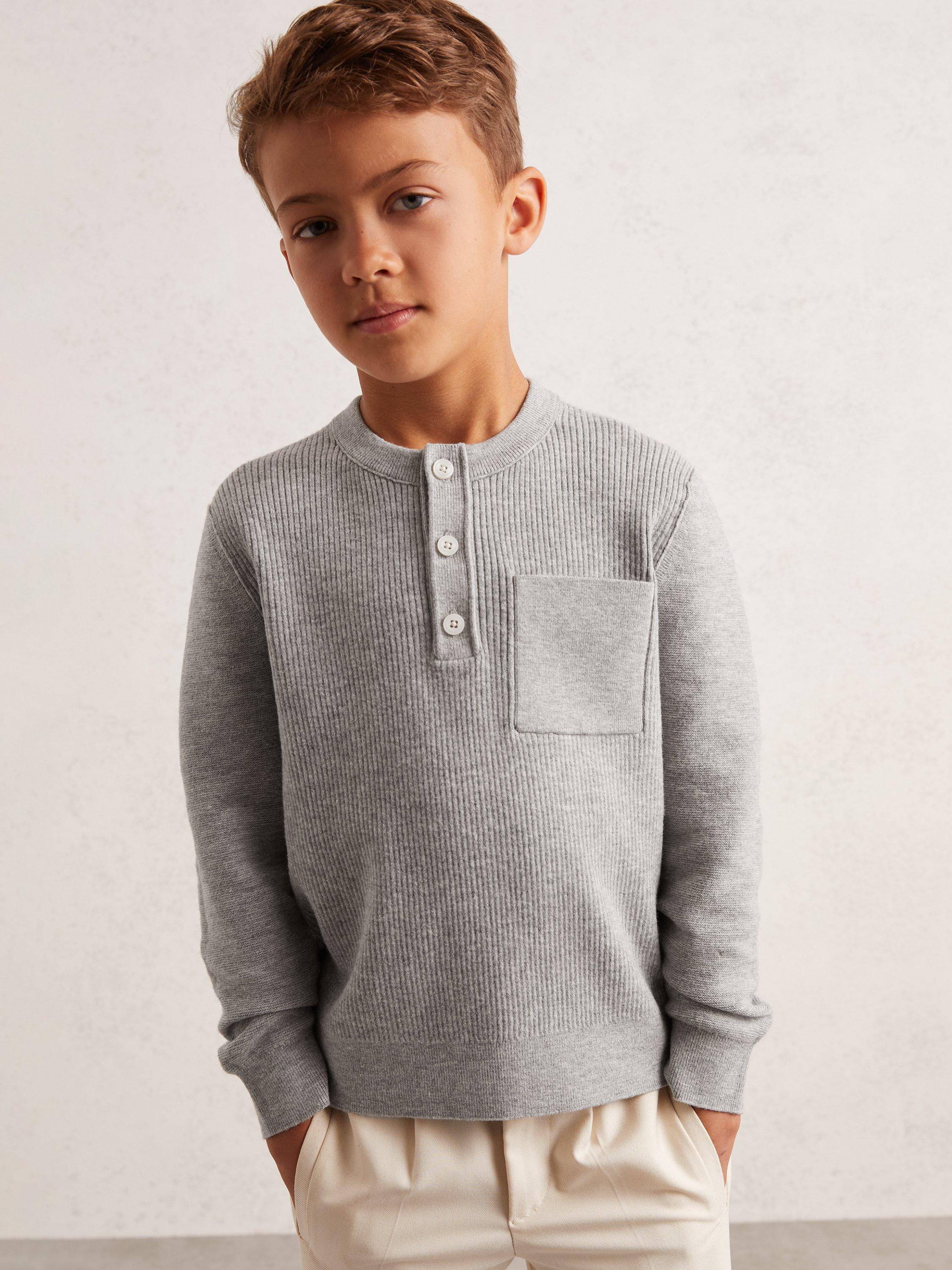 Product image 3 of 4, which shows Reiss Kids' Harrison Long Sleeve Button Top, Mid Grey Melange, 3-4 years