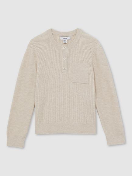 Reiss Kids' Harrison Long Sleeve Button Top, Oatmeal Melange