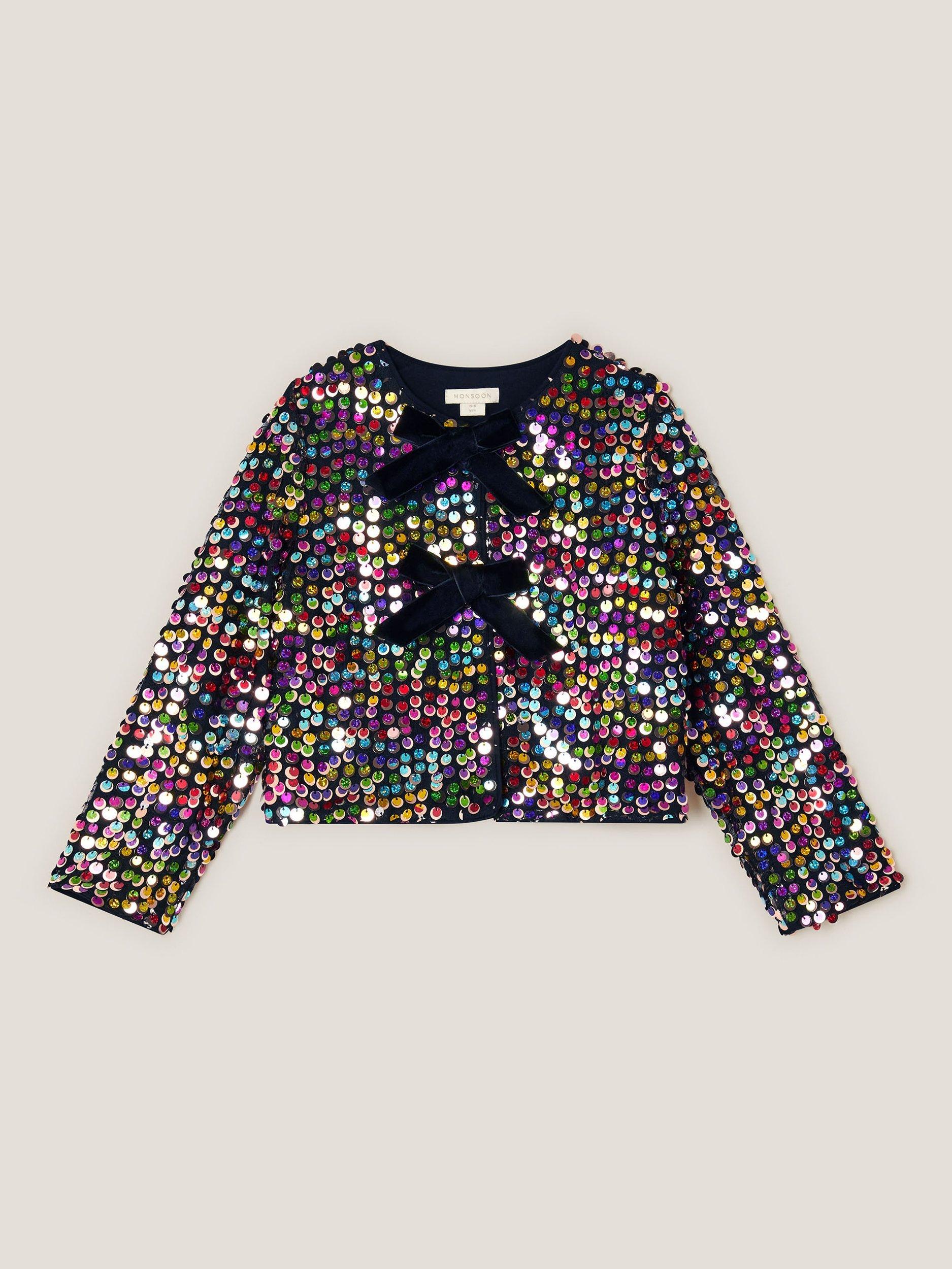 Product image 2 of 4, which shows Monsoon Kids' Rainbow Bow Cardigan, Multi, 5-6 years