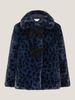 Monsoon Kids' Animal Print Faux Fur Bow Coat, Blue - view 2, Blue