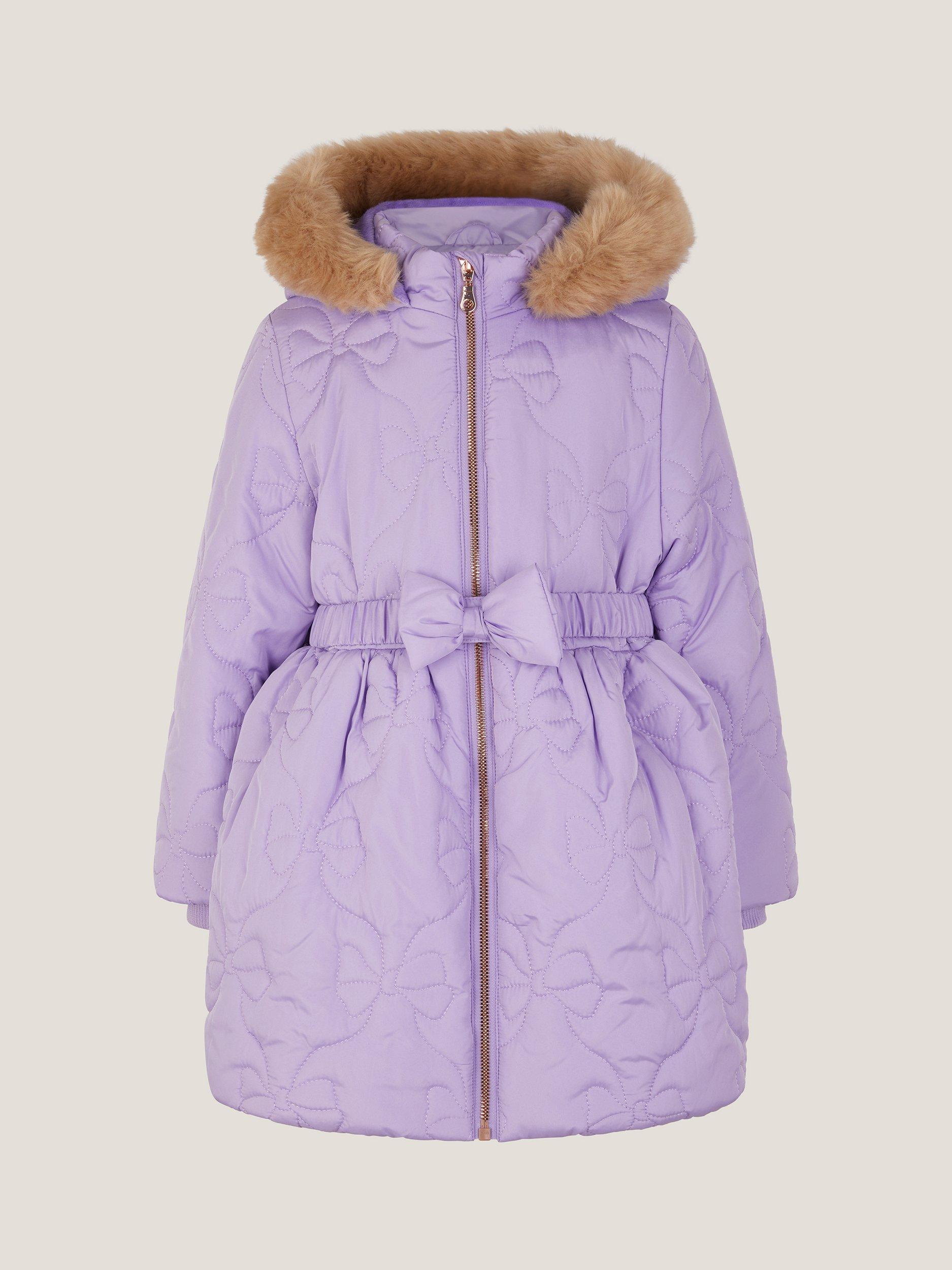 Product image 1 of 3, which shows Monsoon Kids' Hooded Quilted Coat, Lilac, 3-4 years