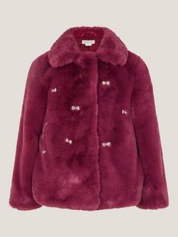 Monsoon Kids' Bow Embroidered Faux Fur Coat, Burgundy, Burgundy