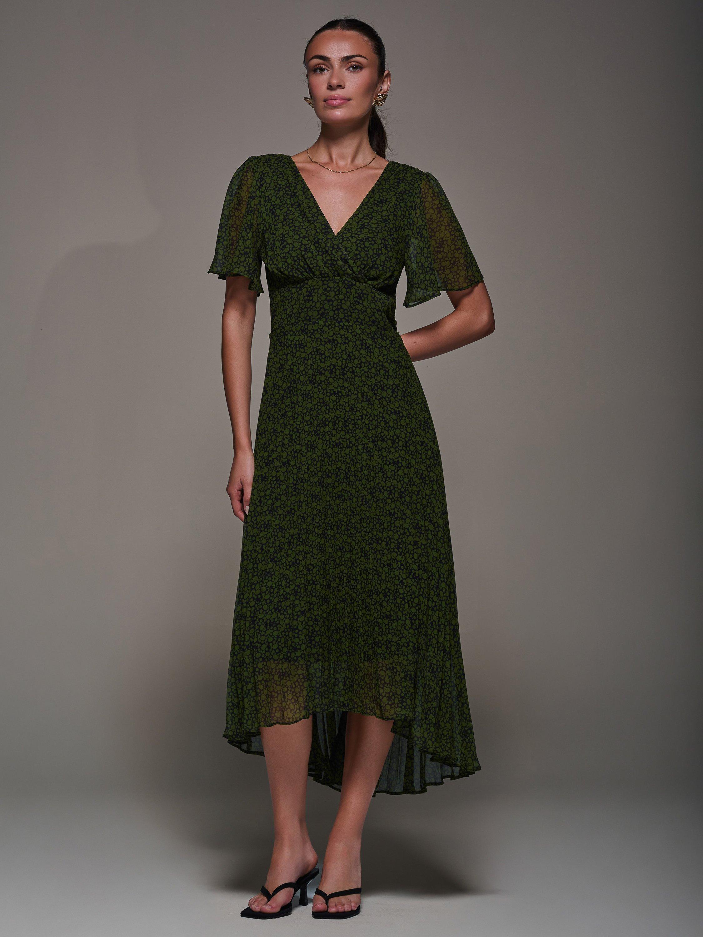 Jolie Moi Floral Chiffon Pleated Maxi Dress, Green