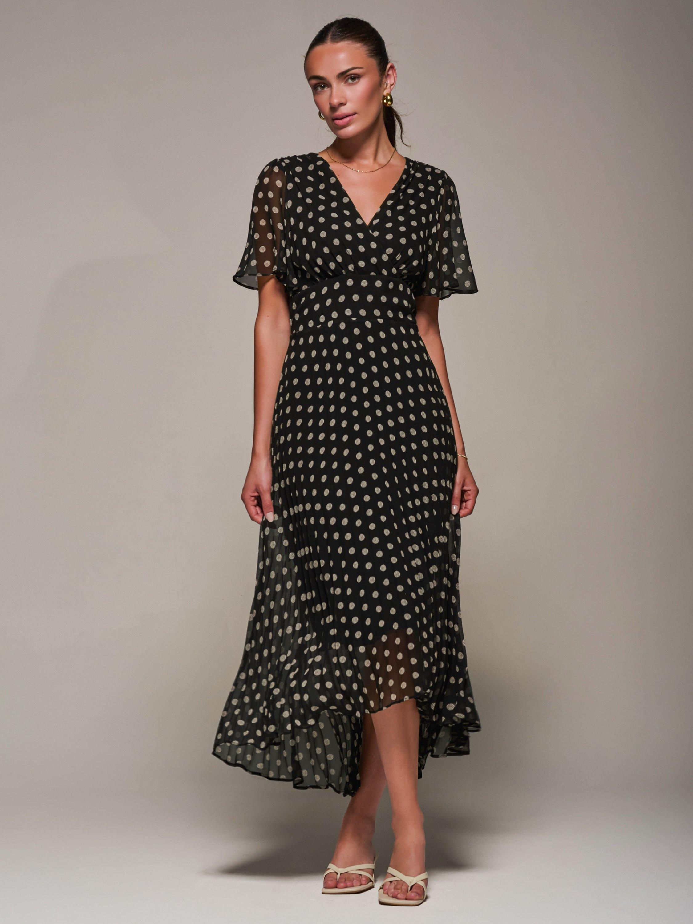 Jolie Moi Spot Dip Hem Pleated Maxi Dress, Black Spot