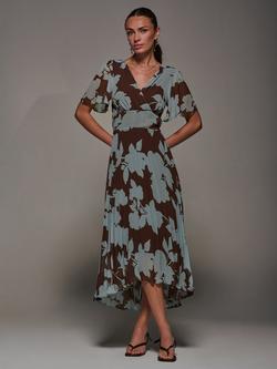 Jolie Moi Floral Chiffon Dip Hem Maxi Dress, Brown Floral, Brown Floral