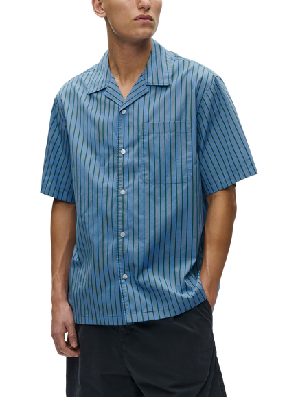 WOOD WOOD Nico Cotton Short Sleeve Shirt, Azurine Stripe, Azurine Stripe