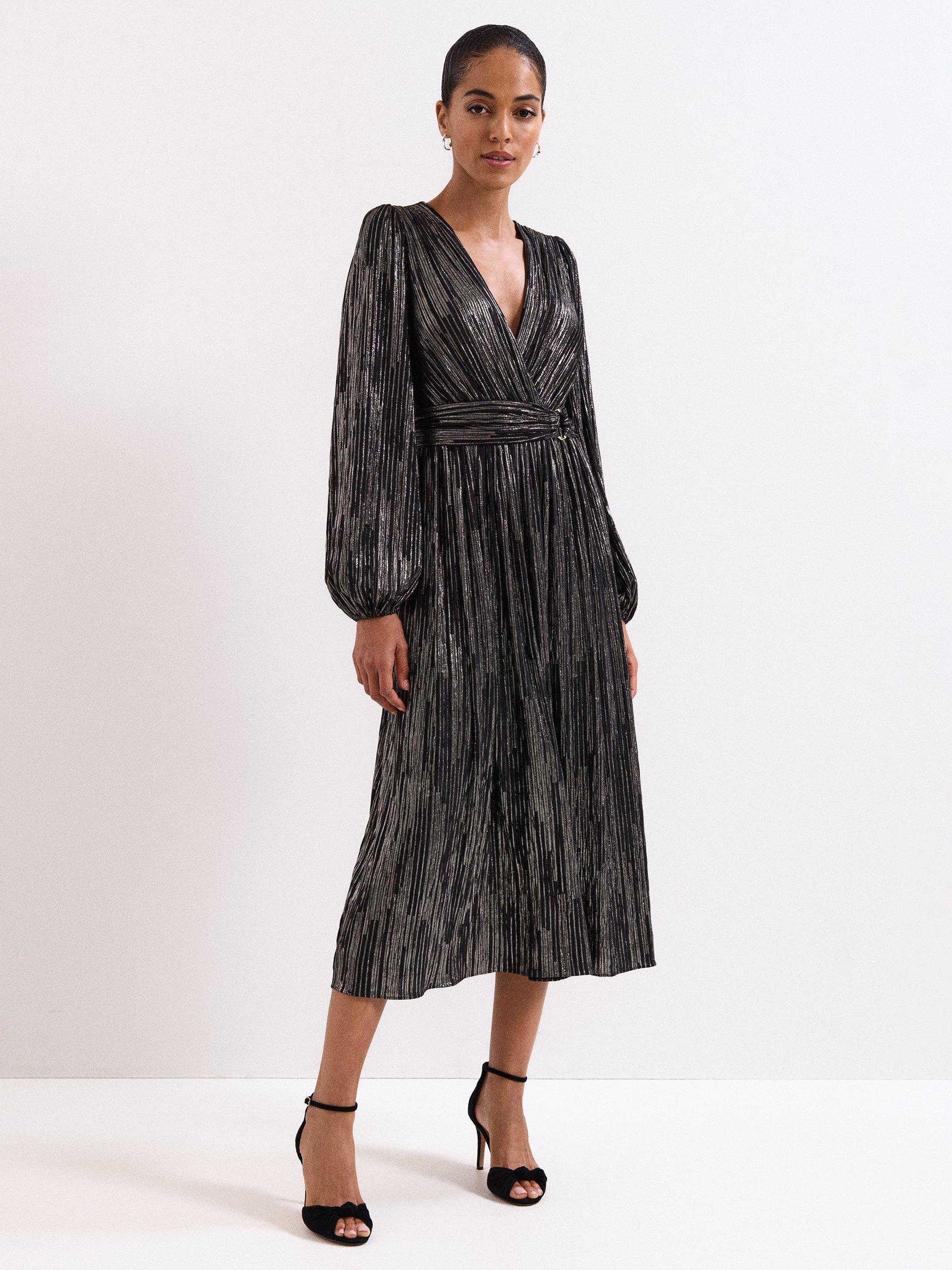 Product image 1 of 9, which shows Phase Eight Emre Metallic Stripe Dress, Black/Multi, 10