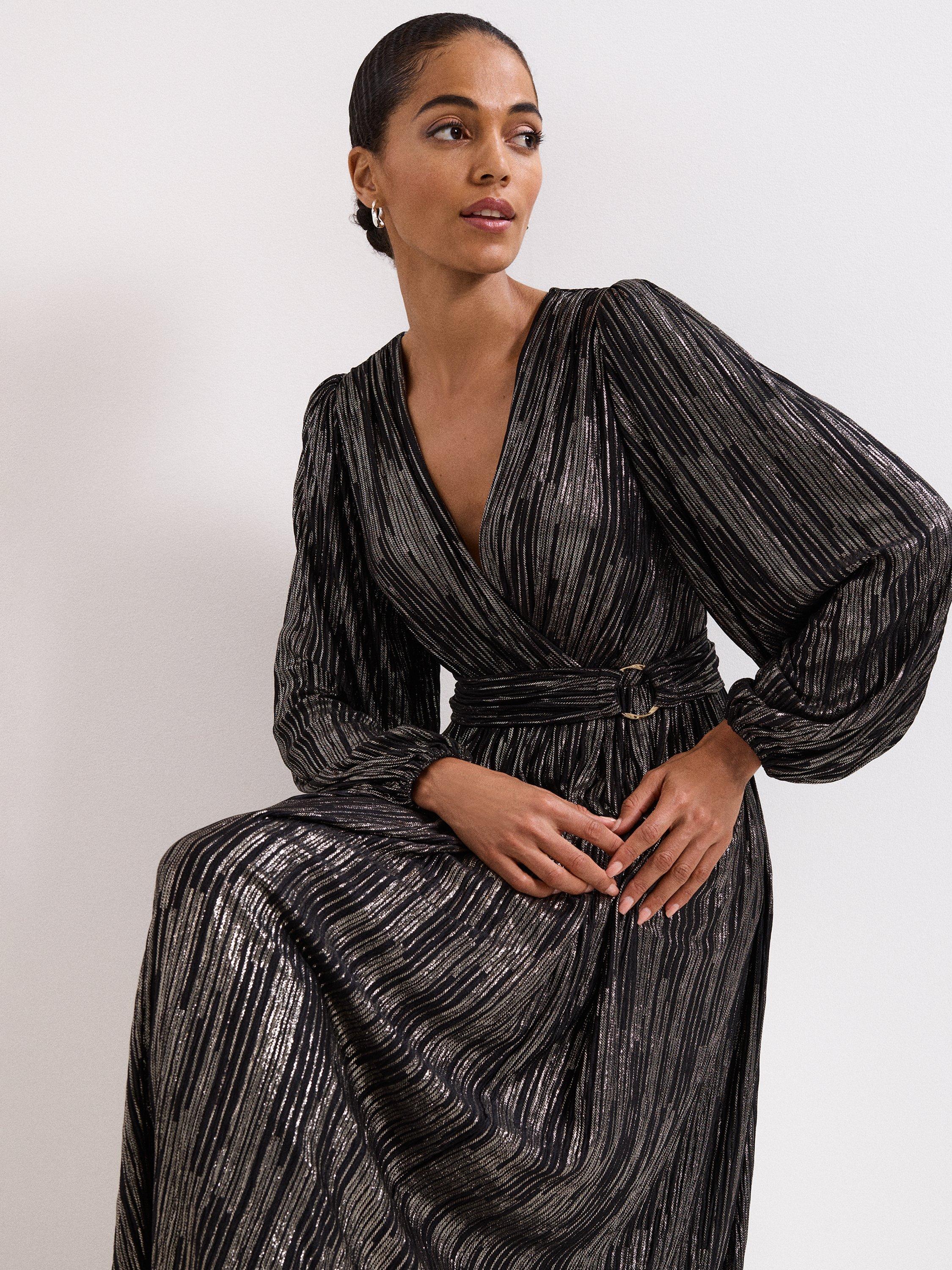 Product image 7 of 9, which shows Phase Eight Emre Metallic Stripe Dress, Black/Multi, 10