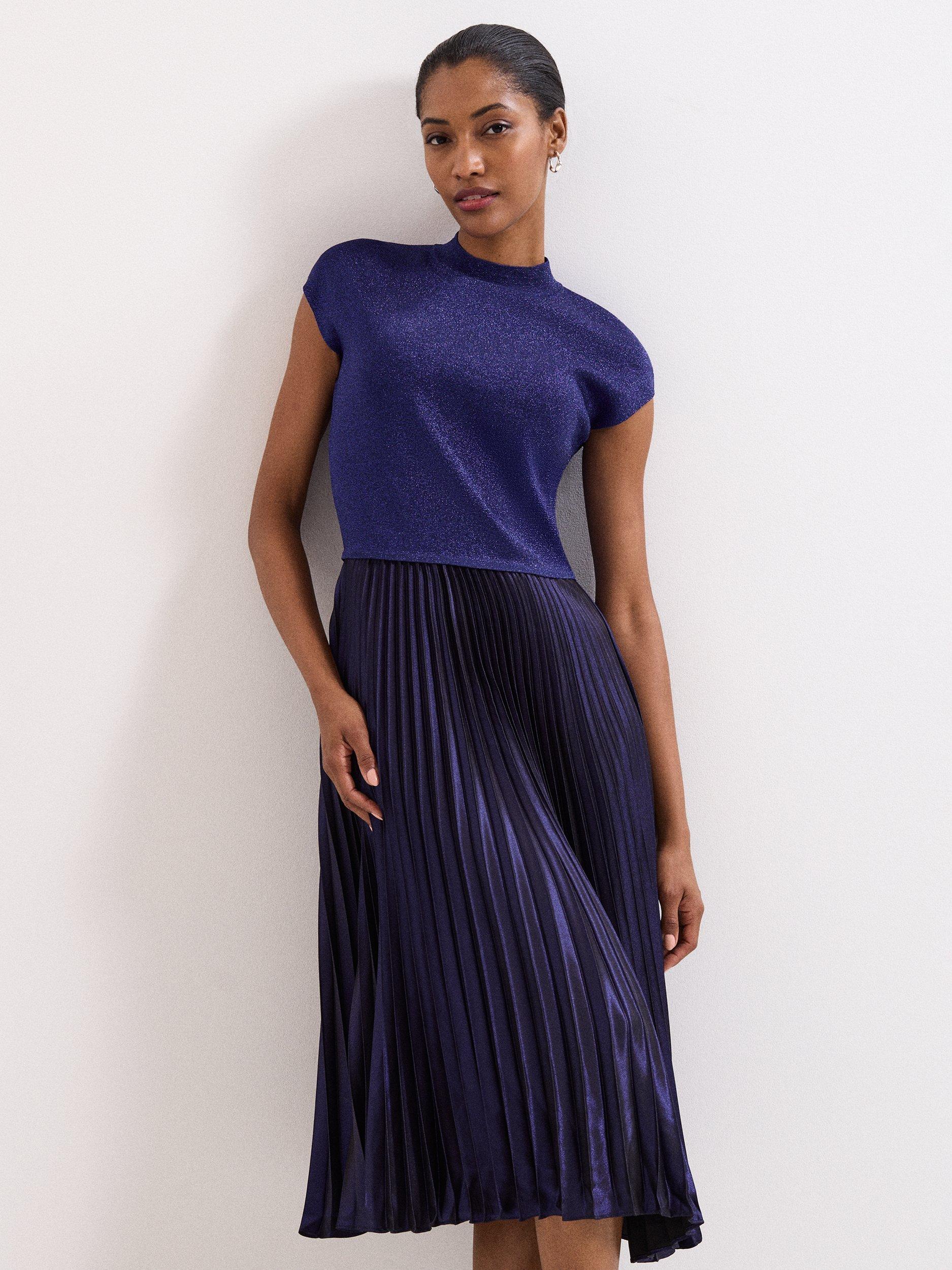 Product image 3 of 10, which shows Phase Eight Jayla Shimmer Midi Dress, Cobalt, 8