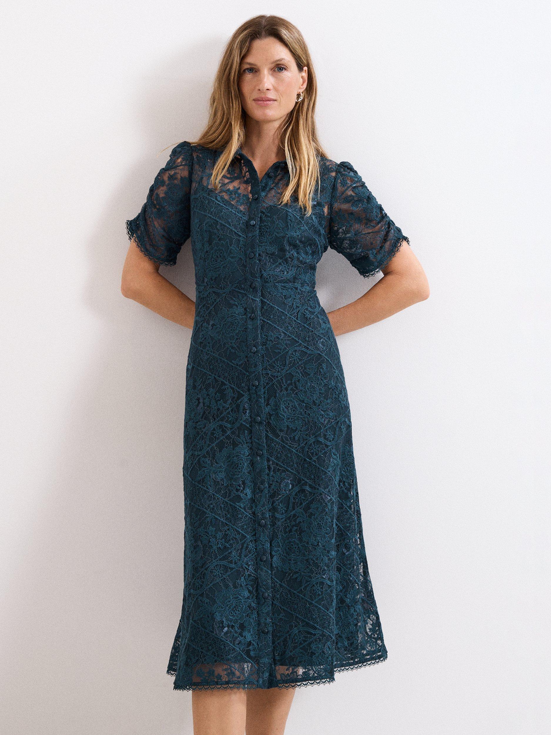 Product image 3 of 8, which shows Phase Eight Lunna Lace Midi Dress, Teal, 6