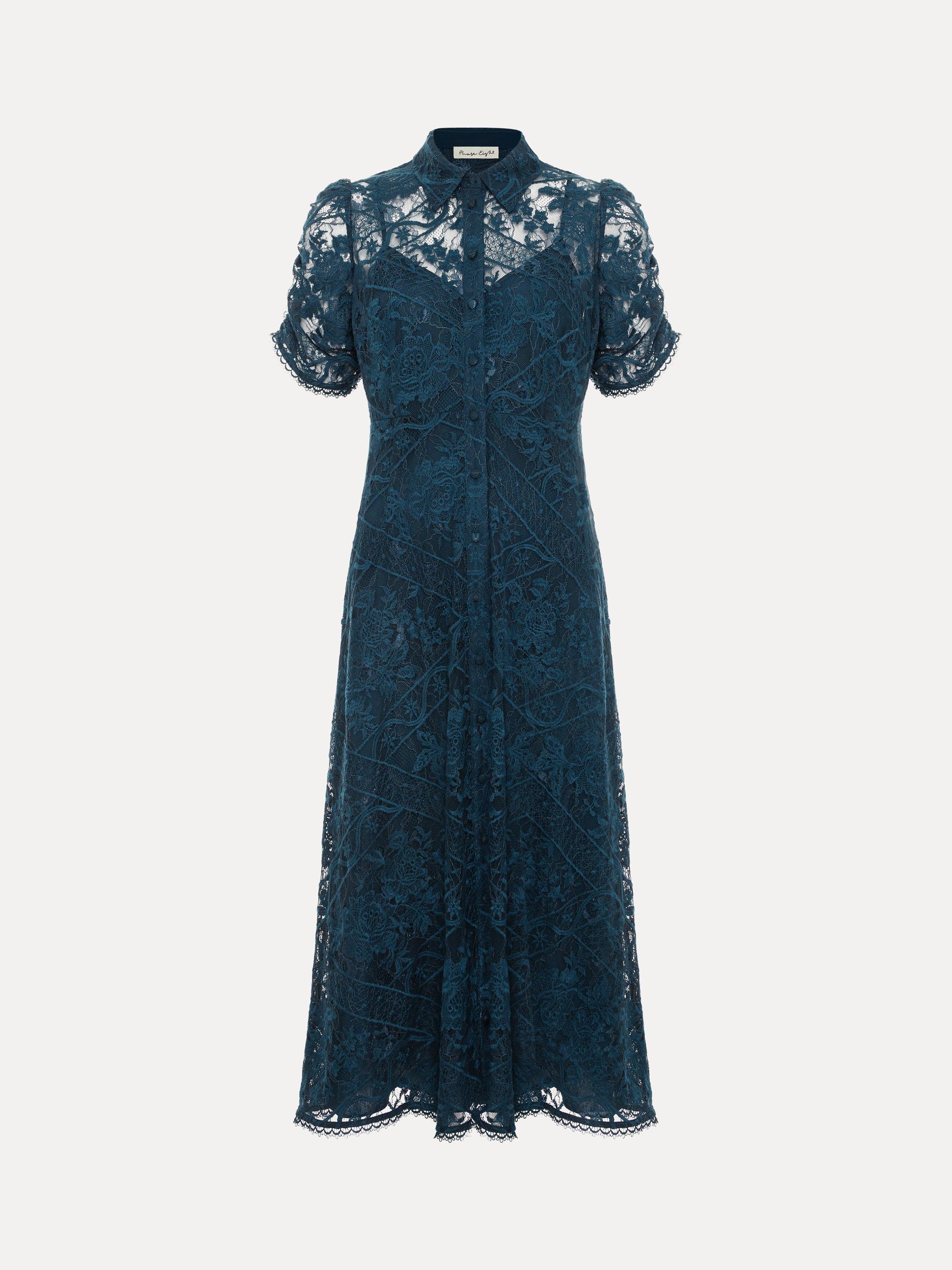 Product image 4 of 8, which shows Phase Eight Lunna Lace Midi Dress, Teal, 6