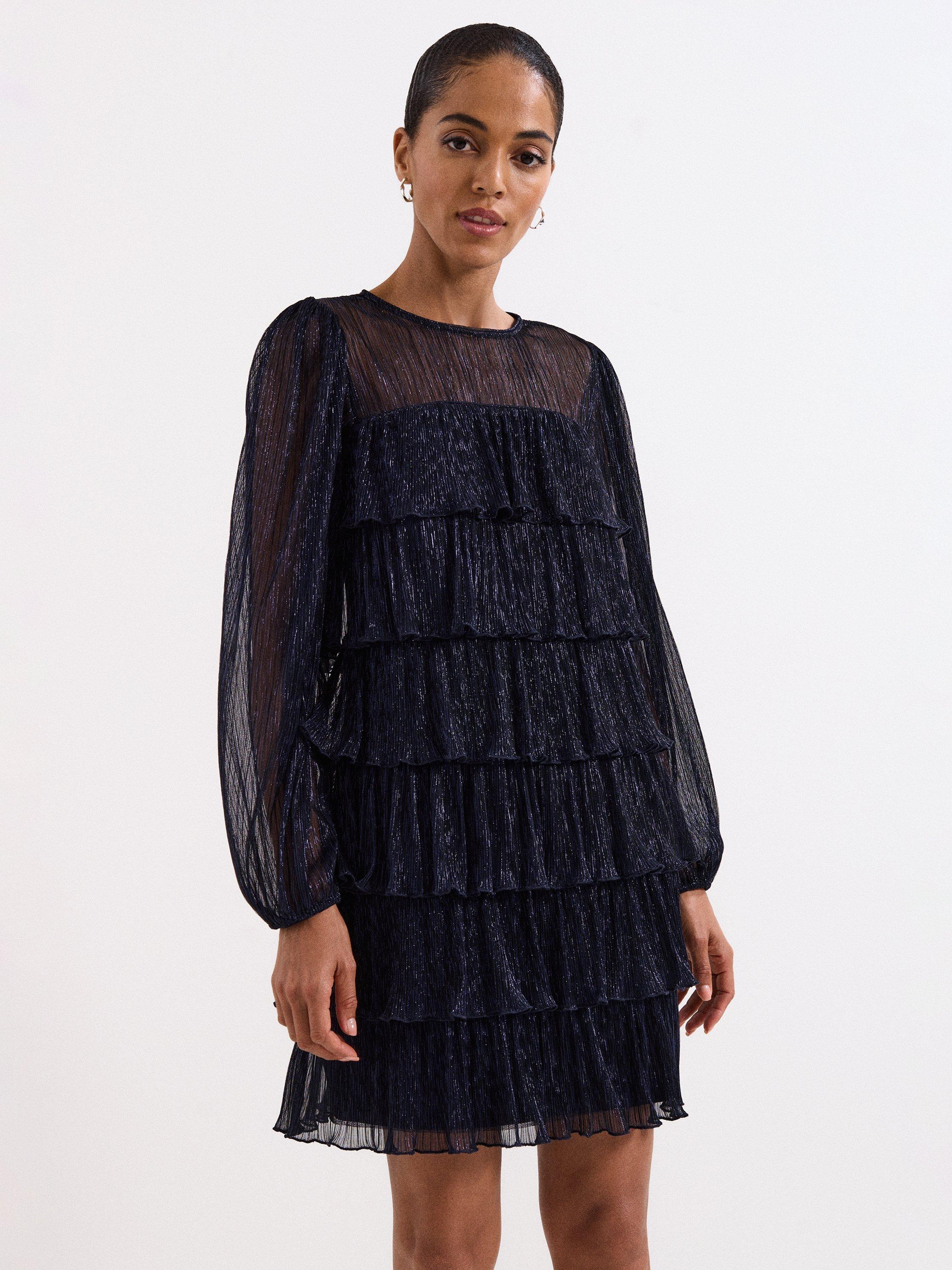 Product image 3 of 7, which shows Phase Eight Nika Metallic Tiered Mini Dress, Blue, 6