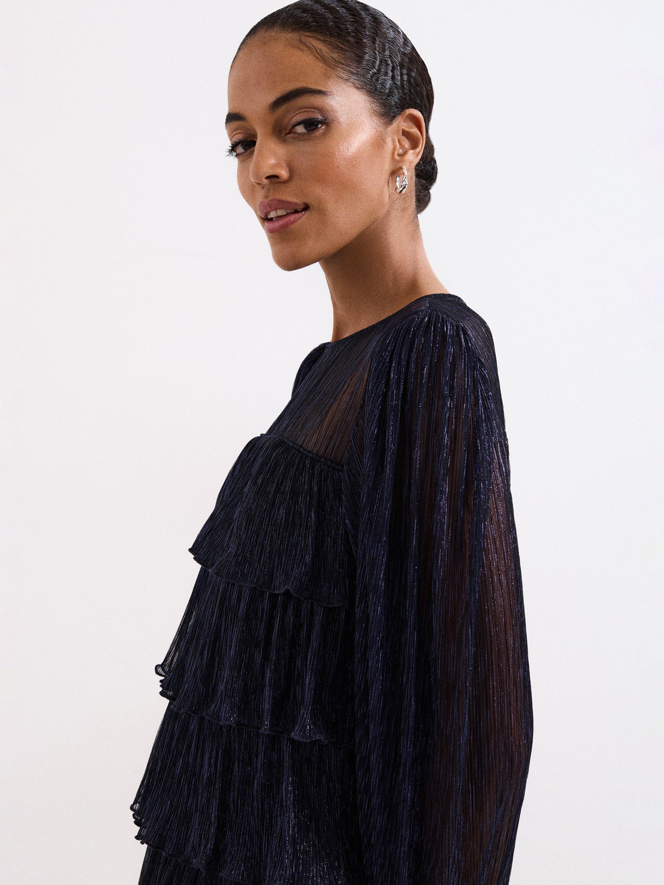 Product image 4 of 7, which shows Phase Eight Nika Metallic Tiered Mini Dress, Blue, 6