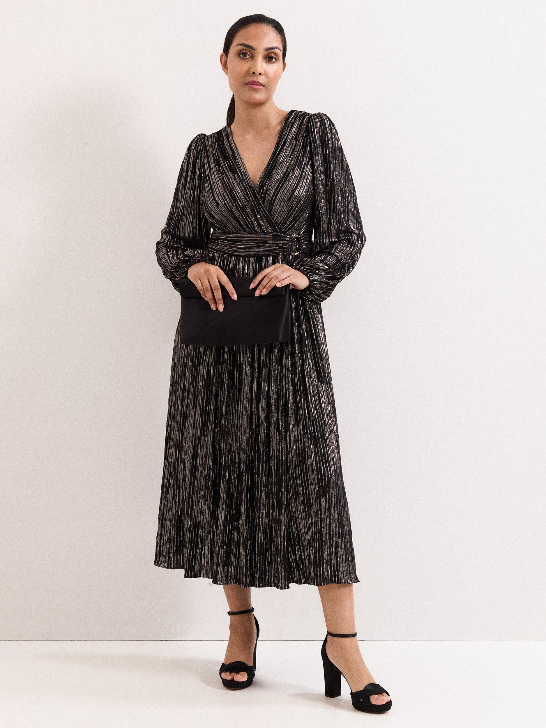 Product image 1 of 8, which shows Phase Eight Petite Emre Metallic Wrap Dress, Black/Multi, 6