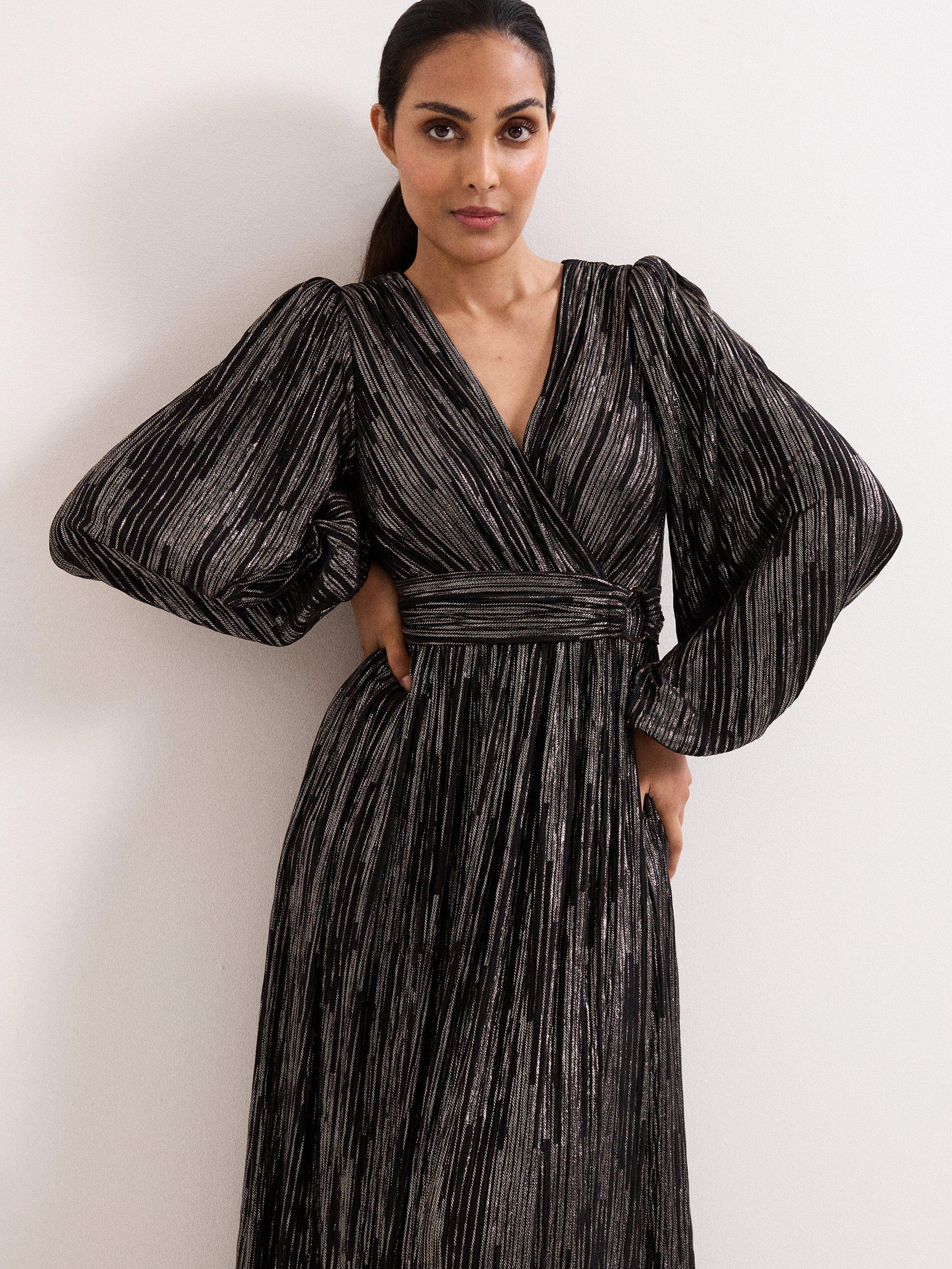 Product image 4 of 8, which shows Phase Eight Petite Emre Metallic Wrap Dress, Black/Multi, 6