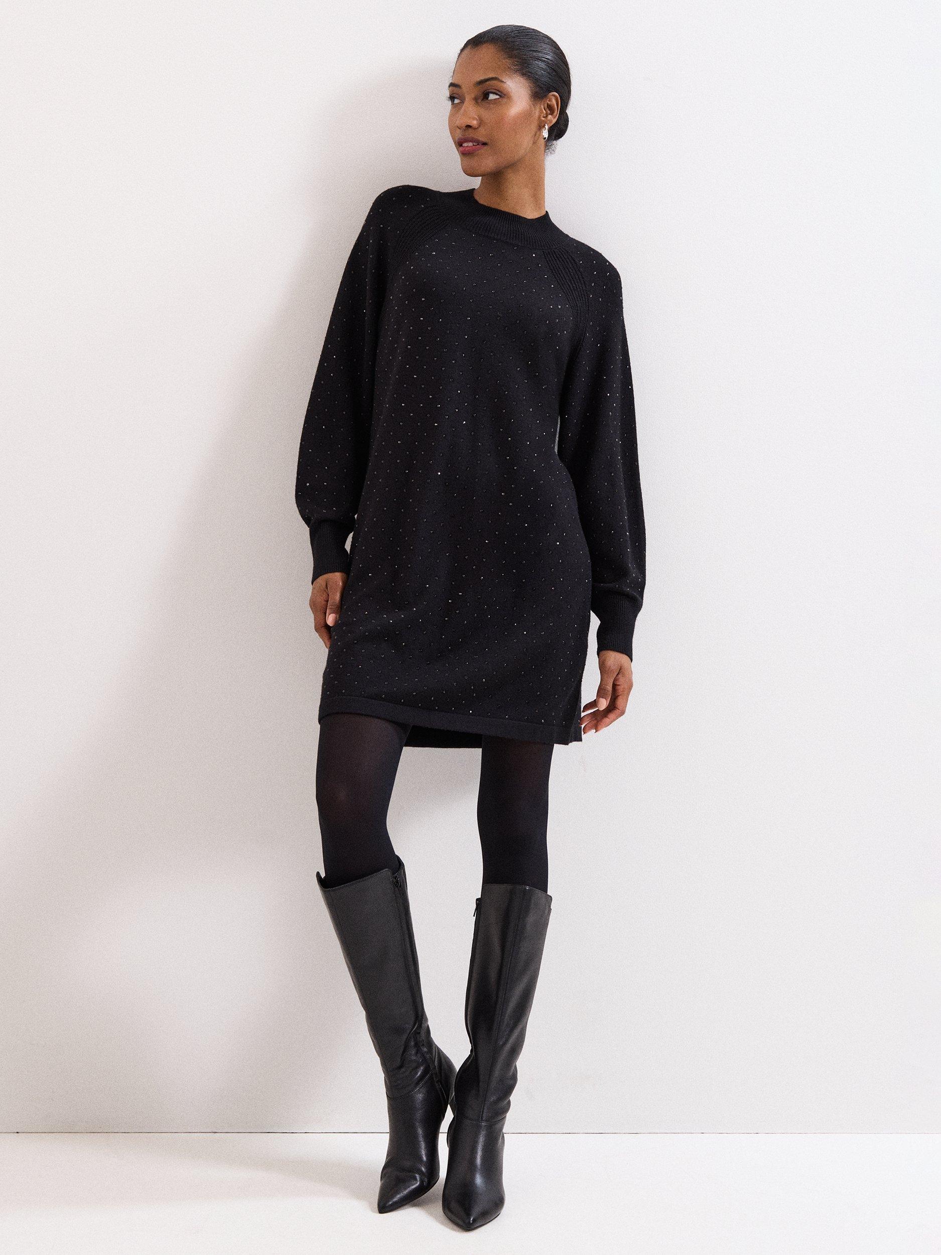 Product image 1 of 9, which shows Phase Eight Tala Studded Jumper Mini Dress, Black, 14