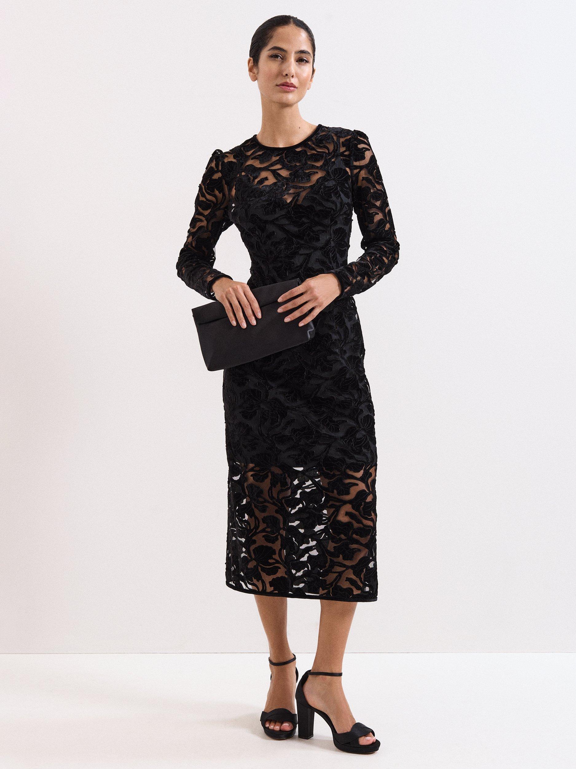 Product image 1 of 8, which shows Phase Eight Viktoria Lace Midi Dress, Black, 6