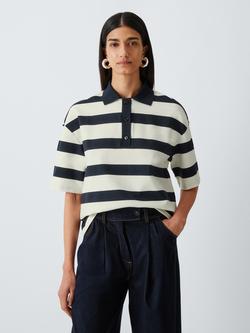 MM by MaxMara Short Sleeve Button Neck Striped Polo Shirt, White/Blue, White/Blue