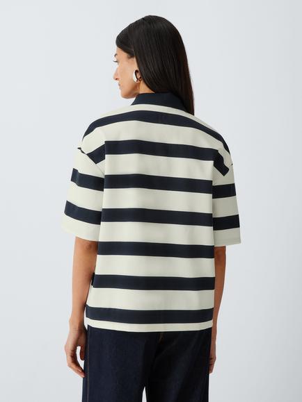 MM by MaxMara Short Sleeve Button Neck Striped Polo Shirt, White/Blue - view 2, White/Blue