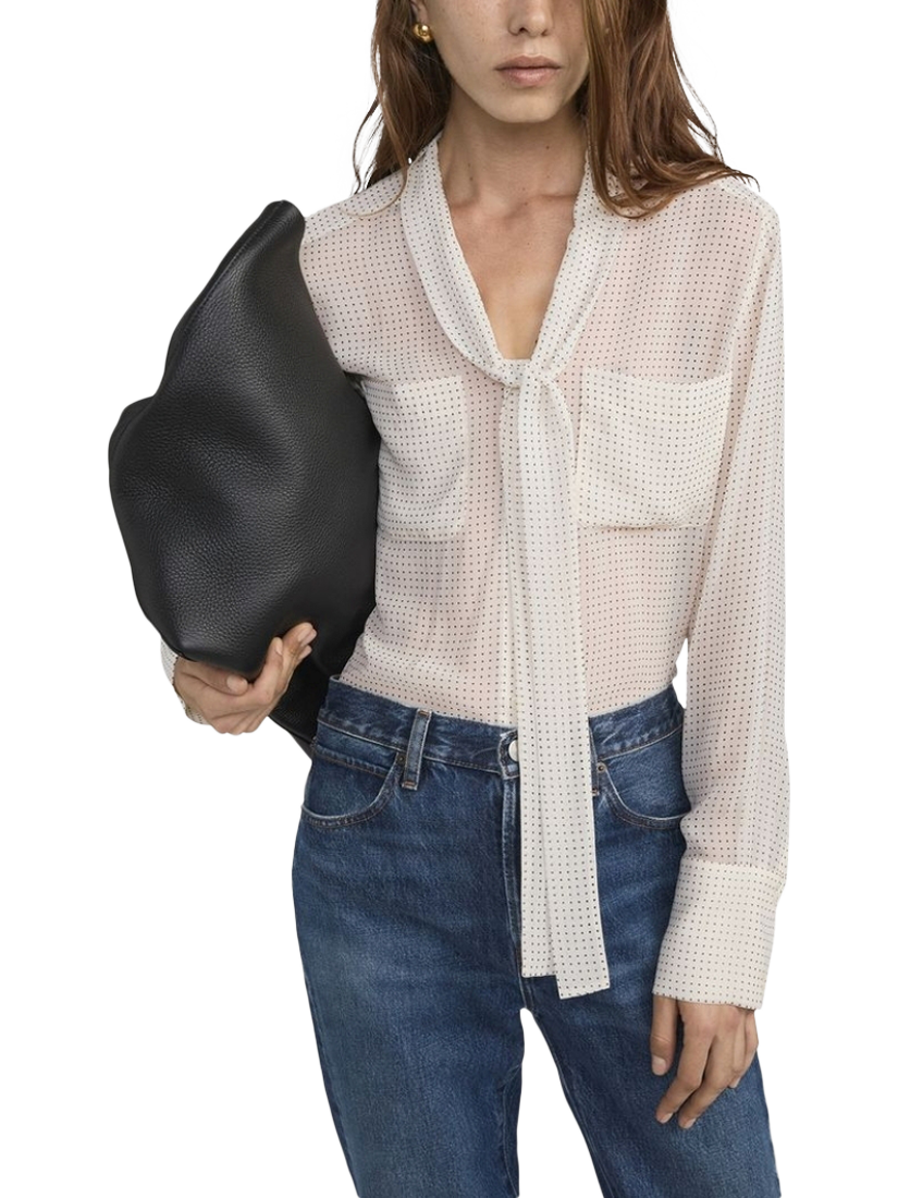 Product image 1 of 4, which shows FRAME Polka Dot Tie Neck Pure Silk Top, White, S
