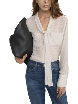 FRAME Polka Dot Tie Neck Pure Silk Top, White, White