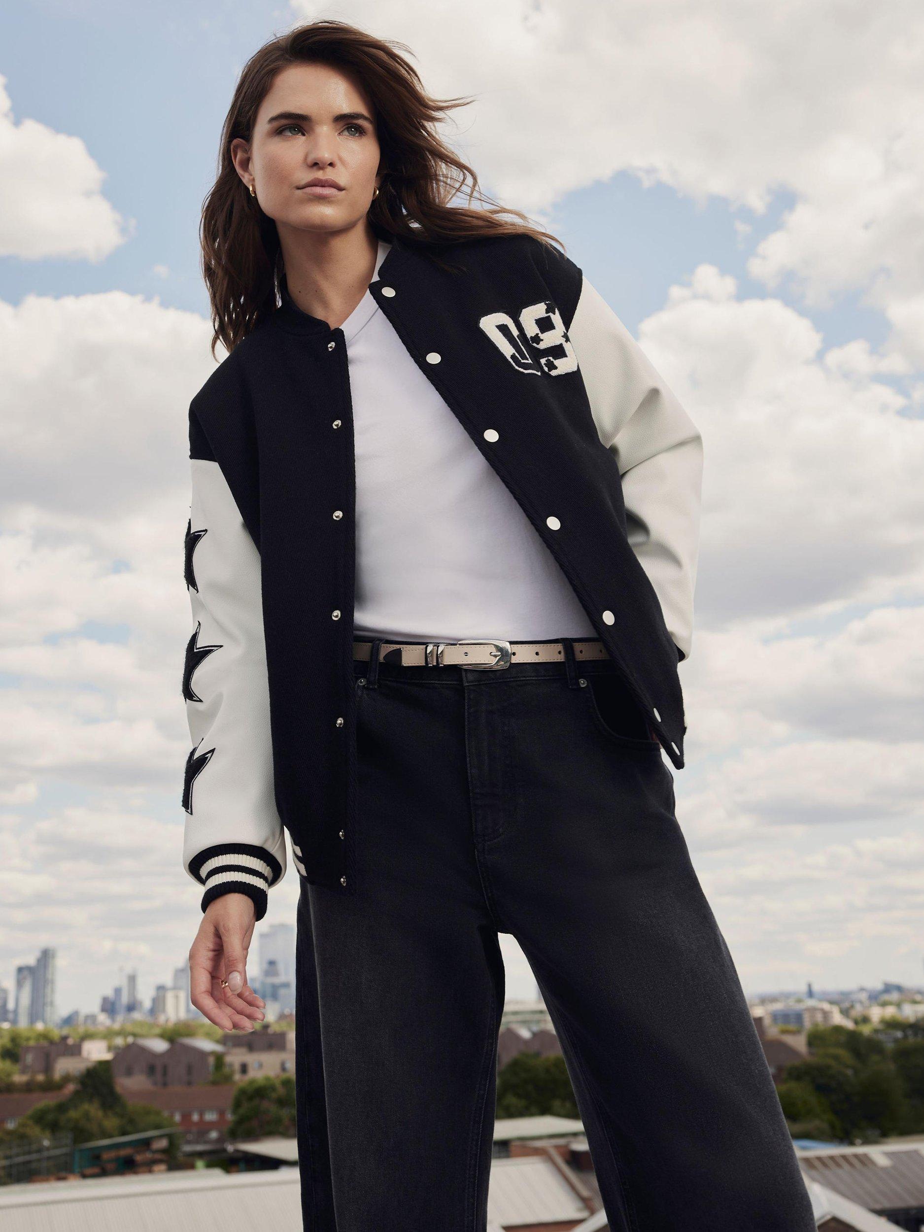 Product image 1 of 6, which shows Mint Velvet Apres Sport Varsity Bomber Jacket, Black, M