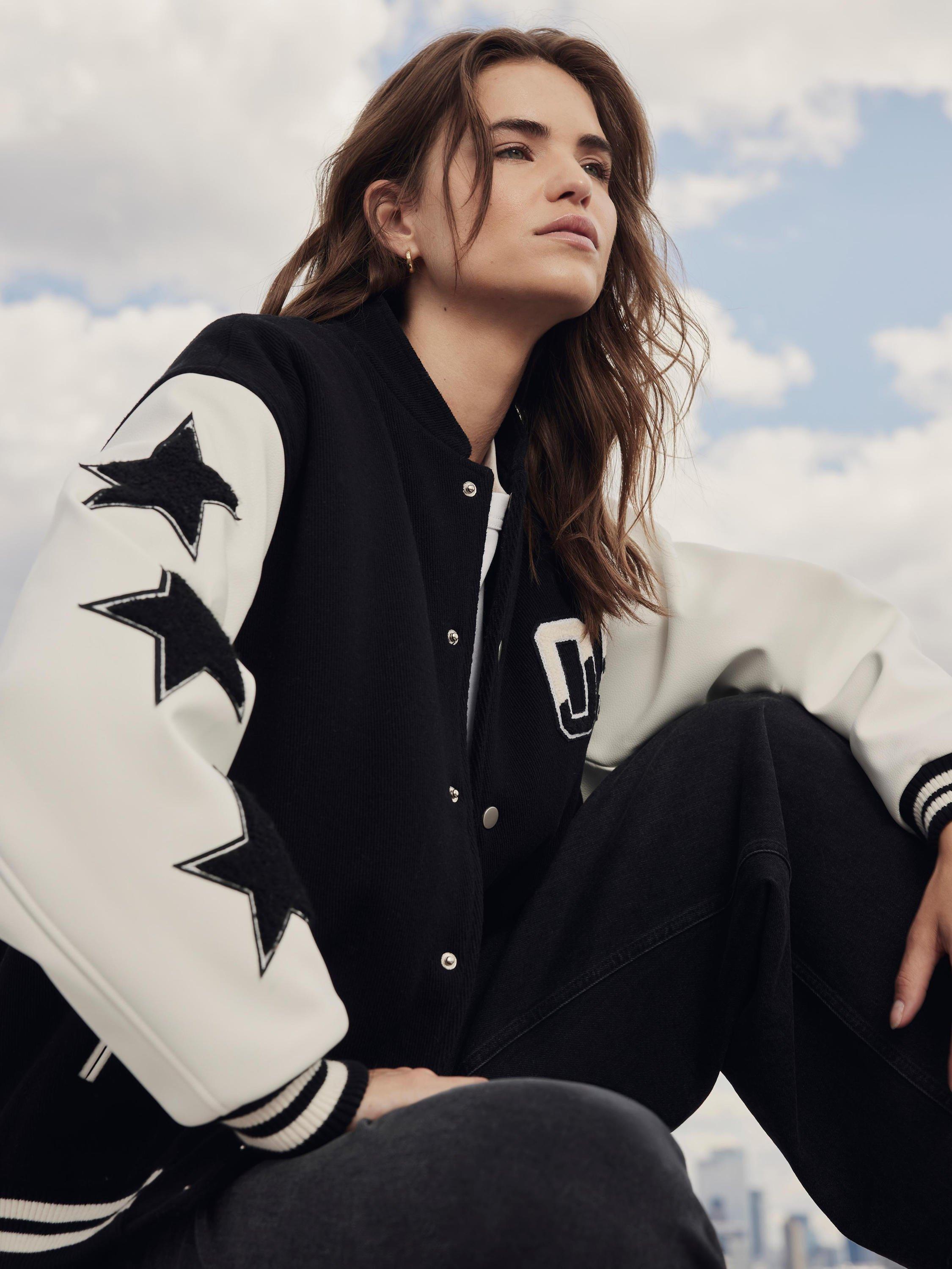 Product image 2 of 6, which shows Mint Velvet Apres Sport Varsity Bomber Jacket, Black, M