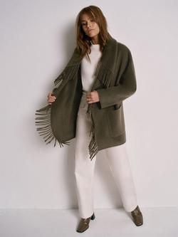Mint Velvet Wool Blend Fringed Trim Coat, Green Khaki, Green Khaki