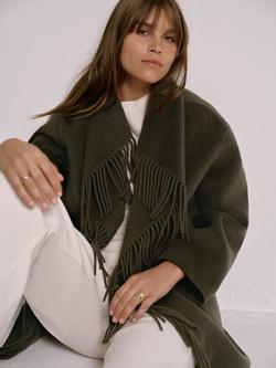 Mint Velvet Wool Blend Fringed Trim Coat, Green Khaki - view 2, Green Khaki