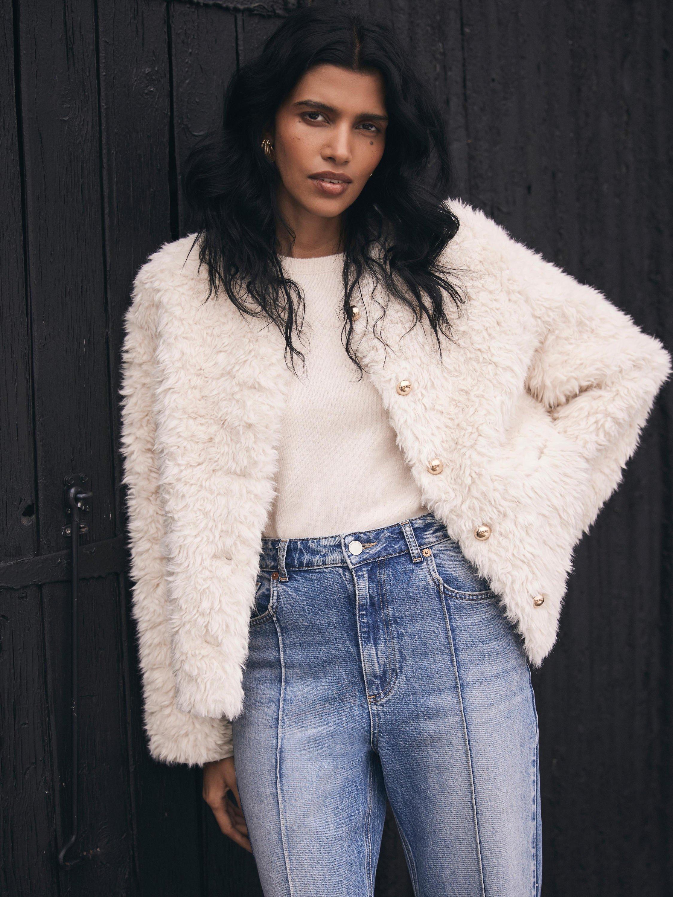Mint Velvet Crew Neck Faux Fur Jacket, Cream