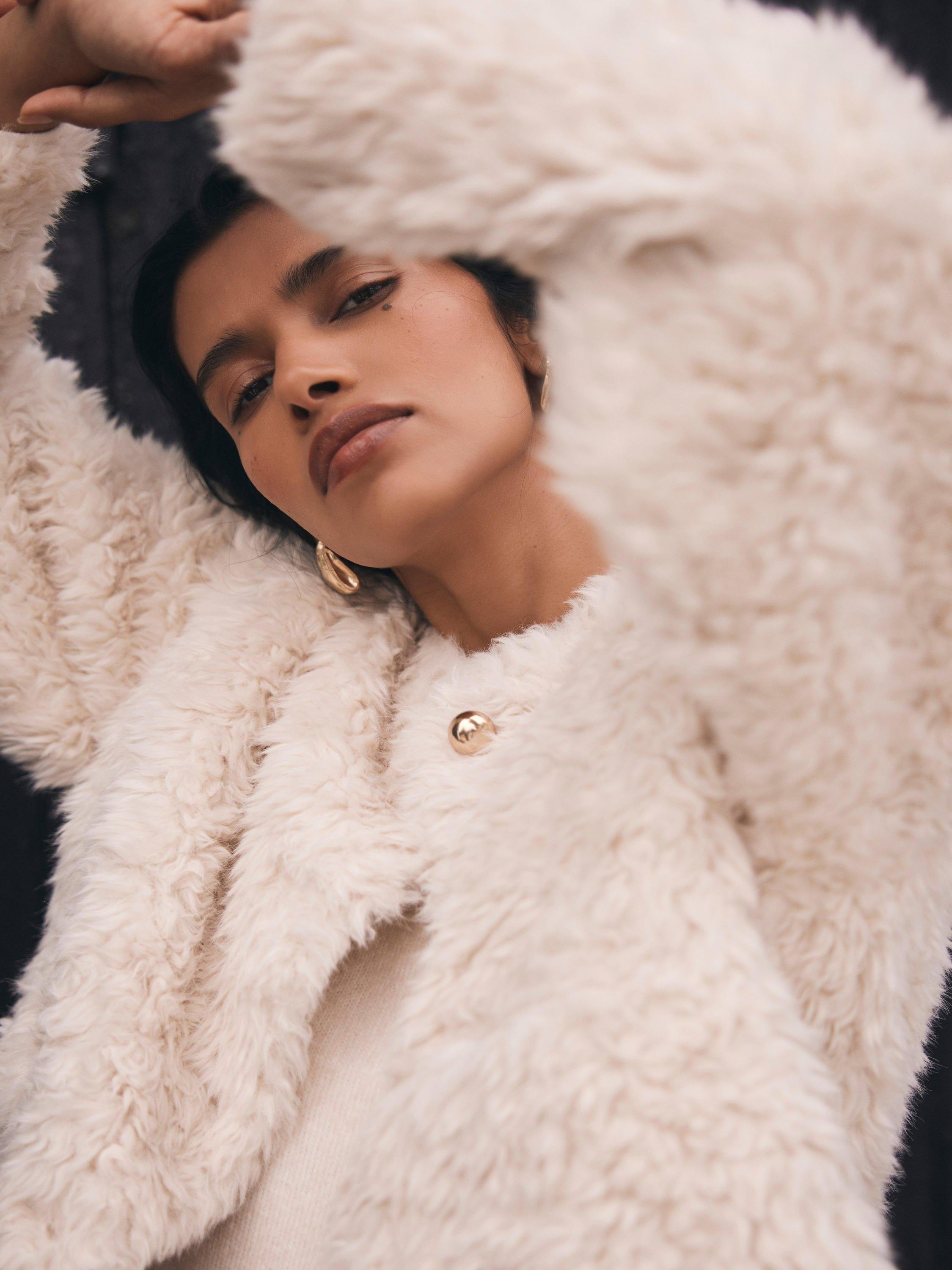 Mint Velvet Crew Neck Faux Fur Jacket, Cream