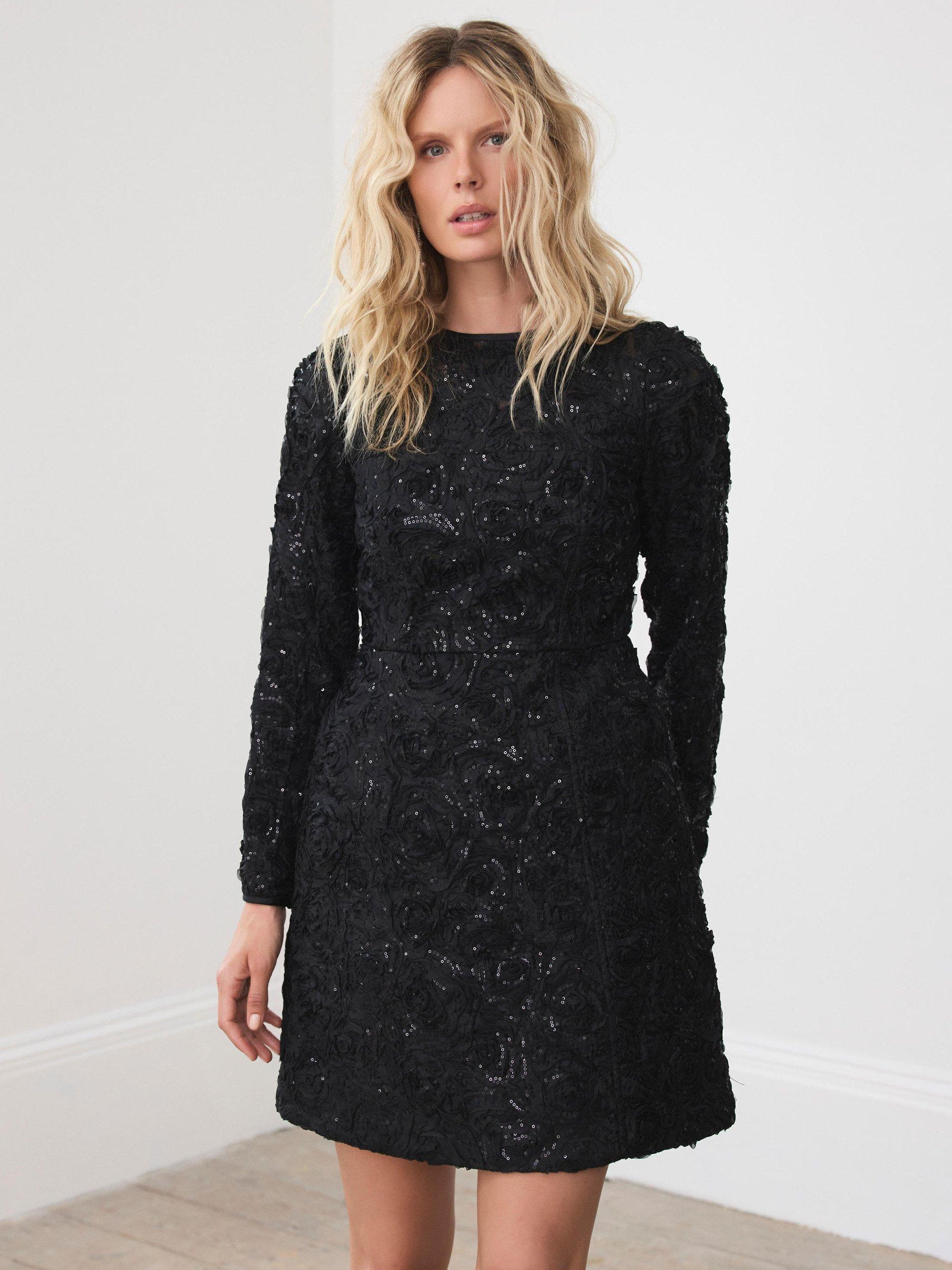 Product image 2 of 8, which shows Mint Velvet Sequin Applique Mini Dress, Black, 14