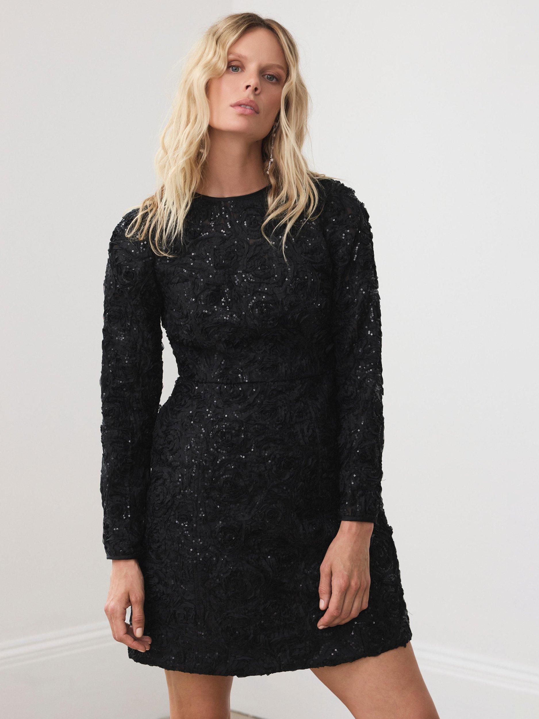 Product image 4 of 8, which shows Mint Velvet Sequin Applique Mini Dress, Black, 14