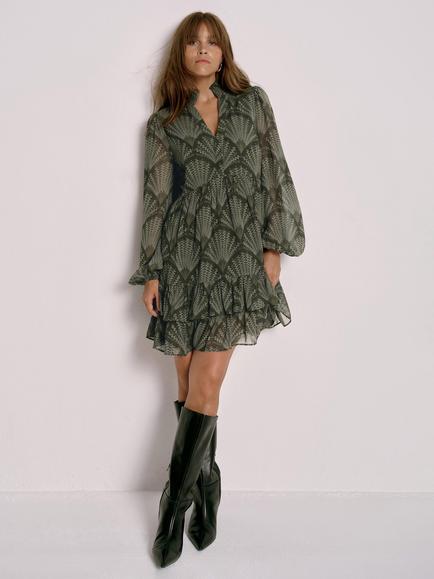 Mint Velvet Abstract Shirred Collar Mini Dress, Green Khaki, Green Khaki