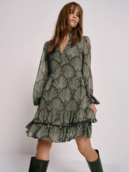 Mint Velvet Abstract Shirred Collar Mini Dress, Green Khaki - view 2, Green Khaki