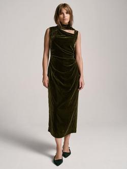 Mint Velvet Scarf Detail Velvet Midi Dress, Green Khaki, Green Khaki