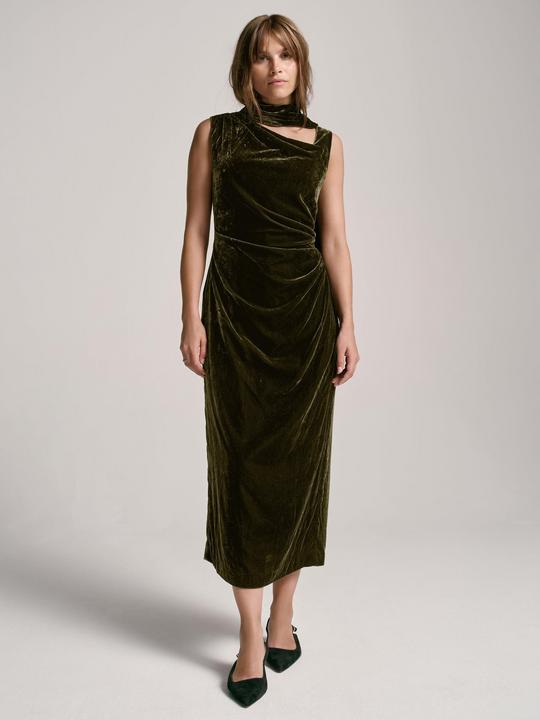 Scarf Detail Velvet Midi Dress, Green Khaki