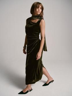 Mint Velvet Scarf Detail Velvet Midi Dress, Green Khaki - view 2, Green Khaki