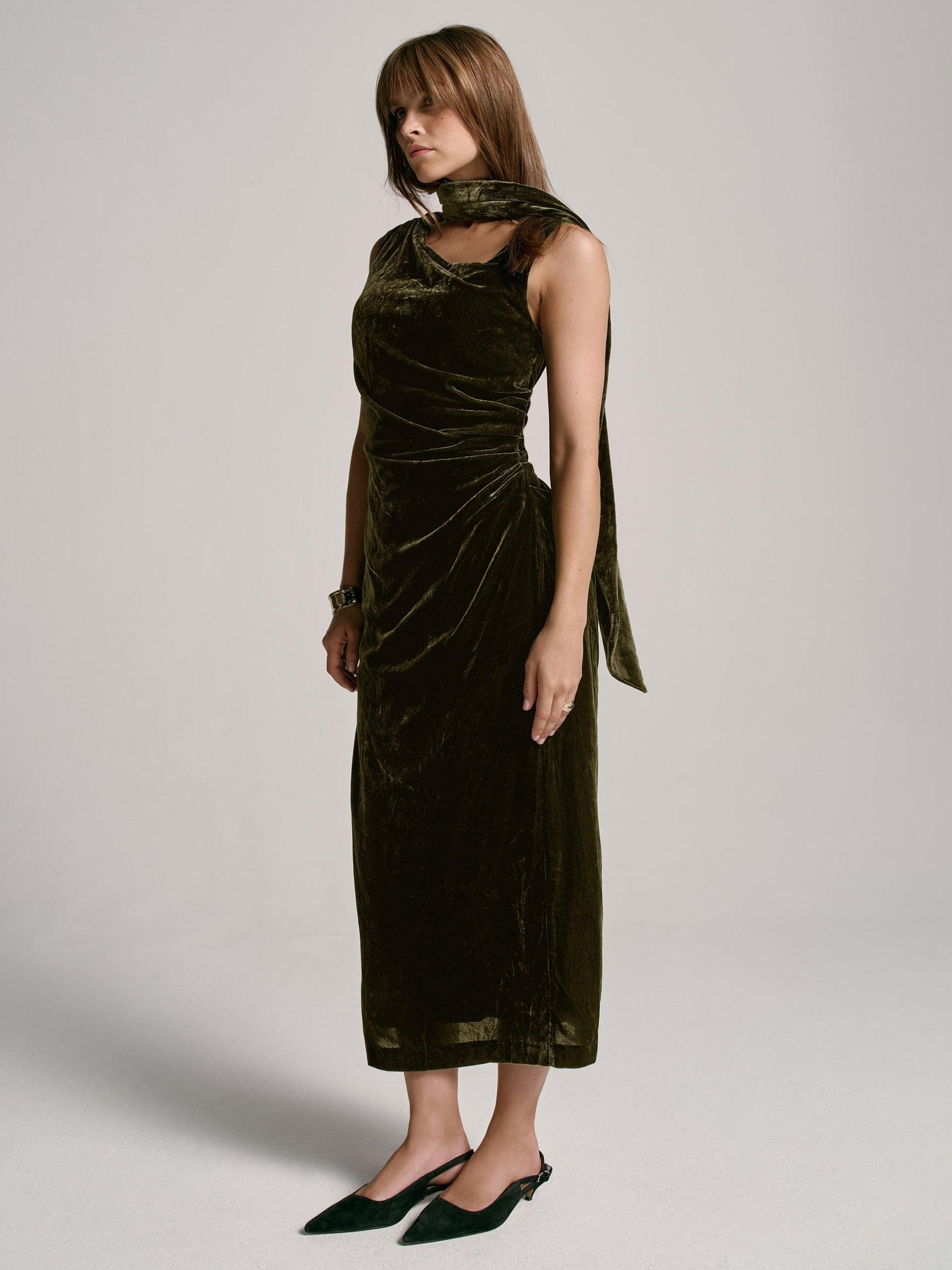 slim fit dress slacks Caprice Velvet Flutter Sleeve Midi Dress Fit and Flare