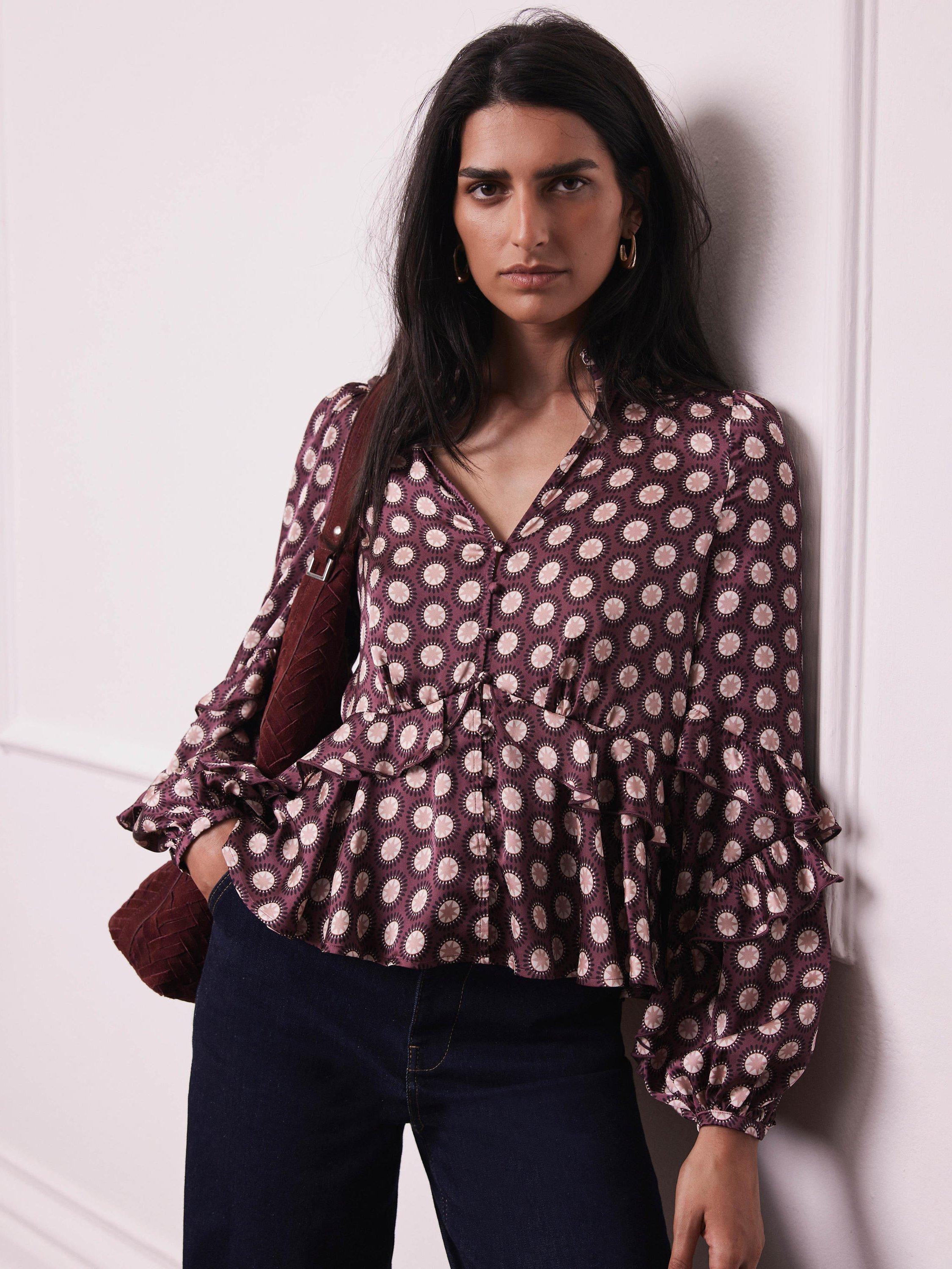 Product image 1 of 7, which shows Mint Velvet Geometric Ruffle Top, Red Burgundy, L