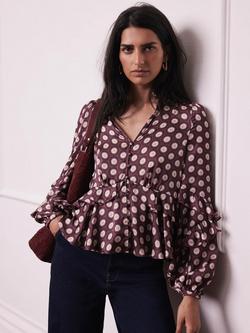 Mint Velvet Geometric Ruffle Top, Red Burgundy, Red Burgundy