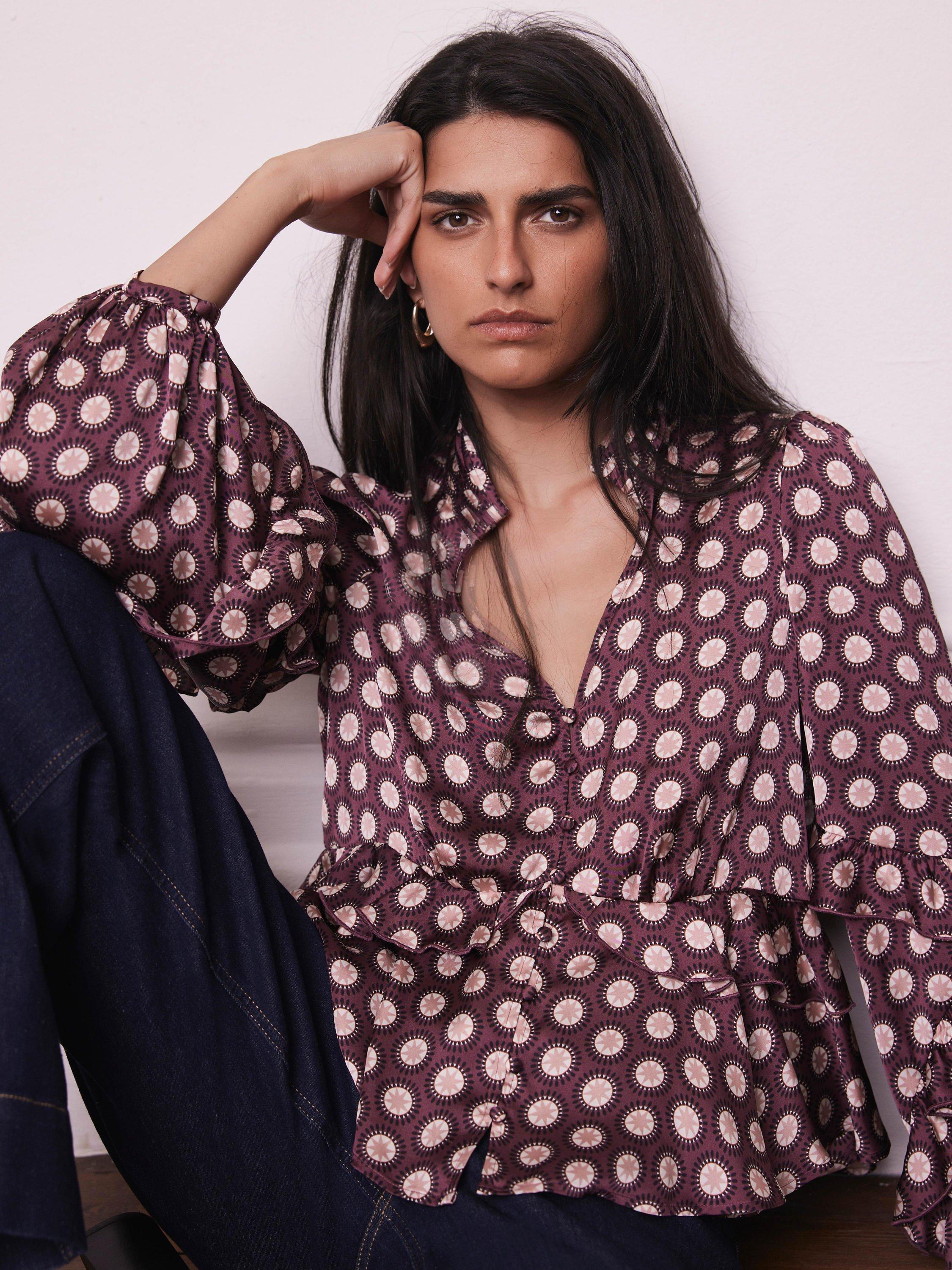 Product image 2 of 7, which shows Mint Velvet Geometric Ruffle Top, Red Burgundy, L