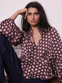 Mint Velvet Geometric Ruffle Top, Red Burgundy - view 2, Red Burgundy