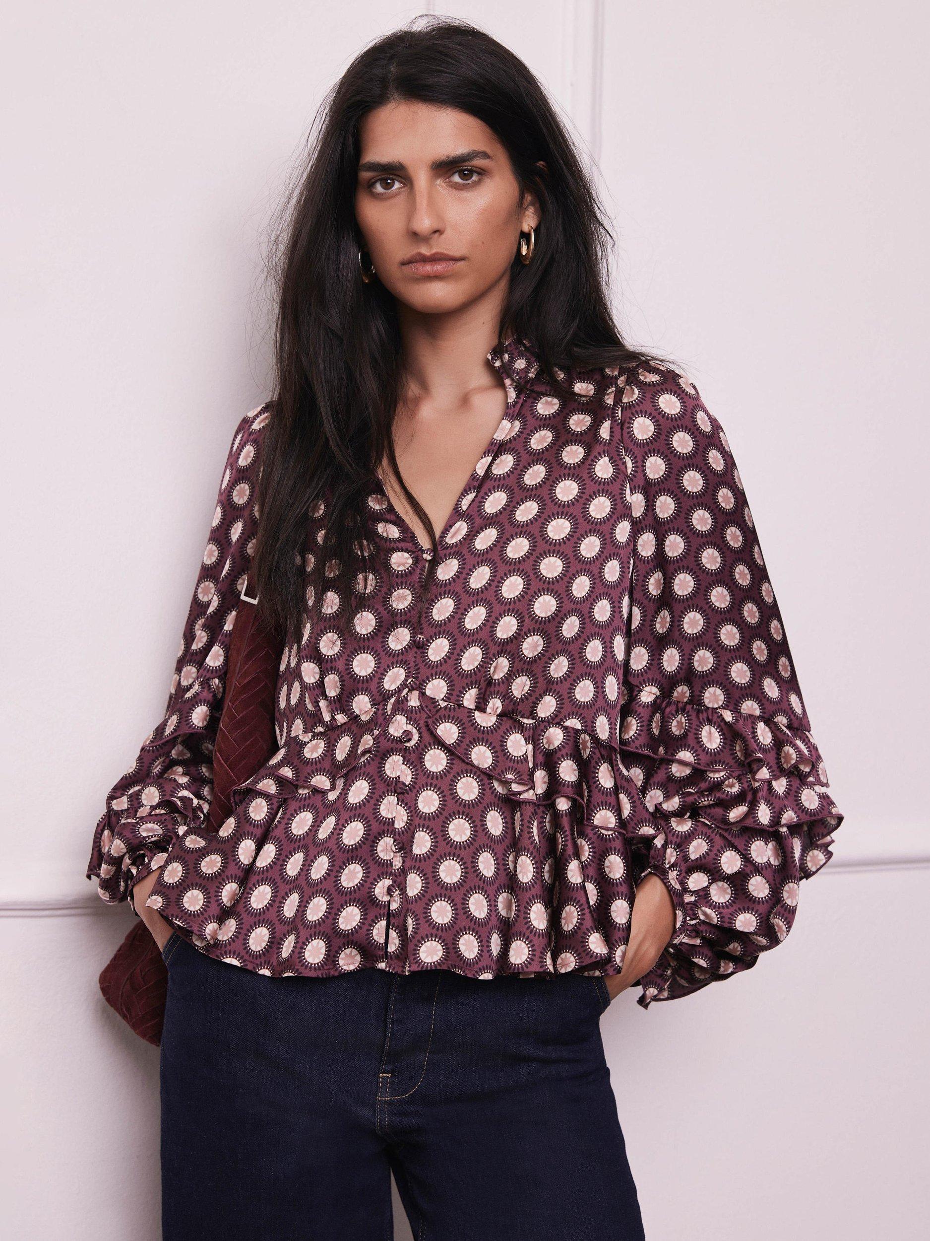 Product image 5 of 7, which shows Mint Velvet Geometric Ruffle Top, Red Burgundy, L