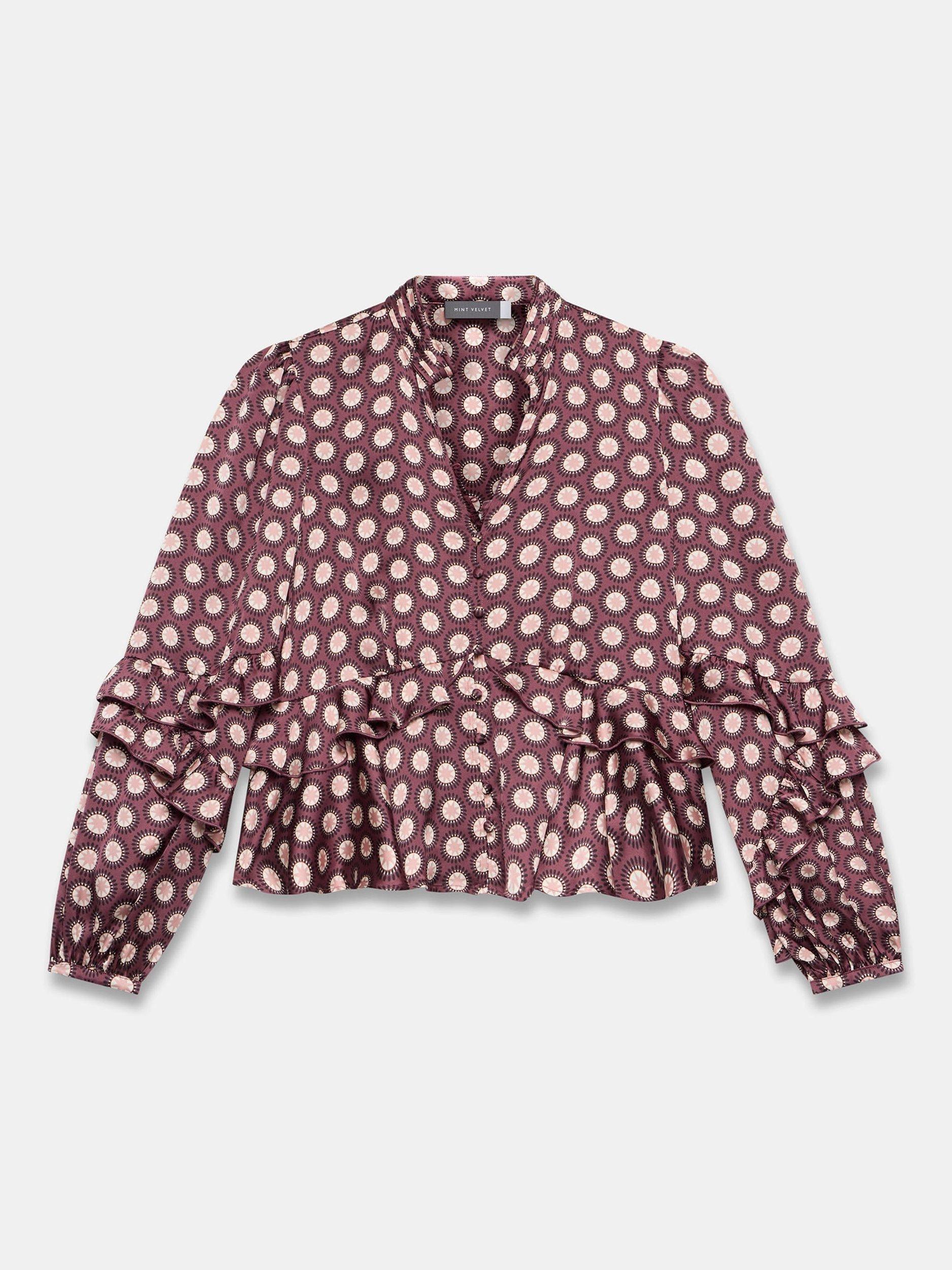 Product image 6 of 7, which shows Mint Velvet Geometric Ruffle Top, Red Burgundy, L