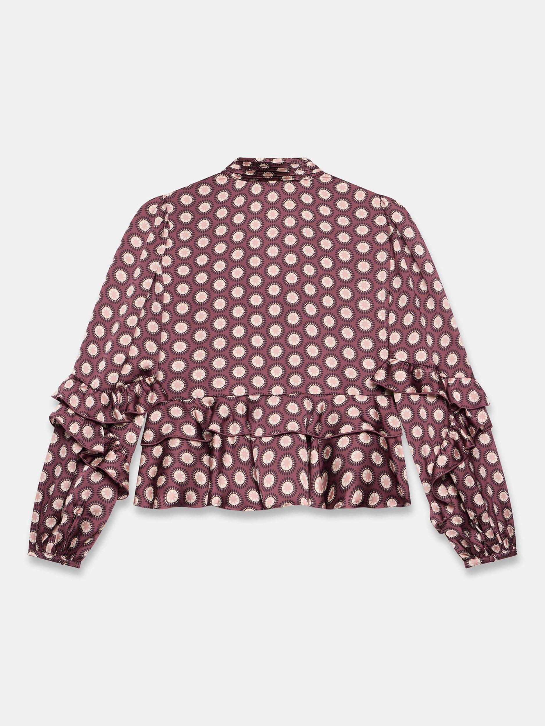 Product image 7 of 7, which shows Mint Velvet Geometric Ruffle Top, Red Burgundy, L