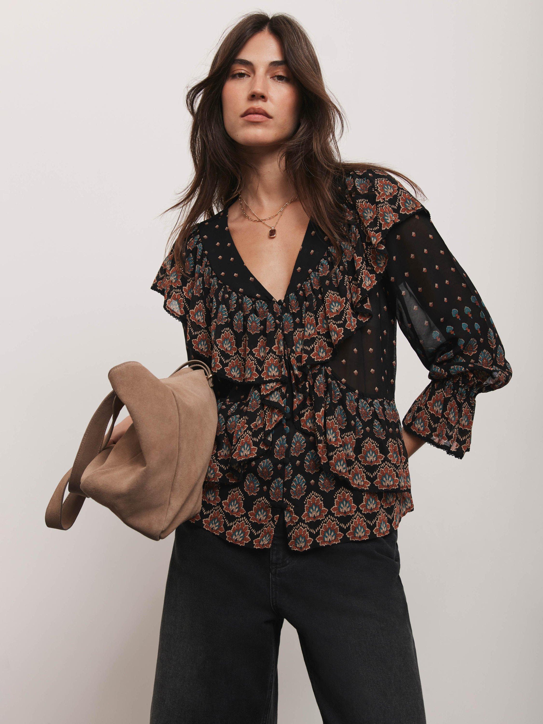 Product image 1 of 7, which shows Mint Velvet Abstract Paisley Ruffle Blouse, Black/Multi, XS