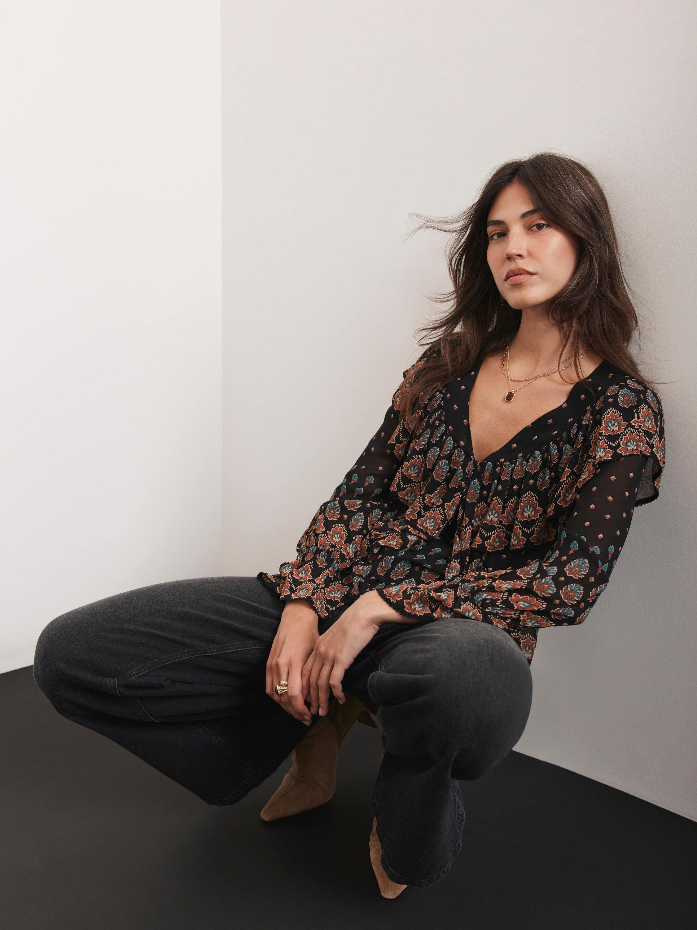 Product image 2 of 7, which shows Mint Velvet Abstract Paisley Ruffle Blouse, Black/Multi, XS